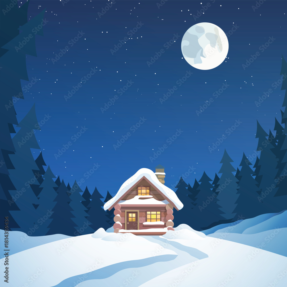 Fototapeta premium wooden cabin in snow forest at night