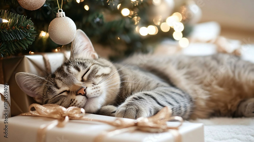 A cozy cat sleeping beside Christmas gifts and decorations.