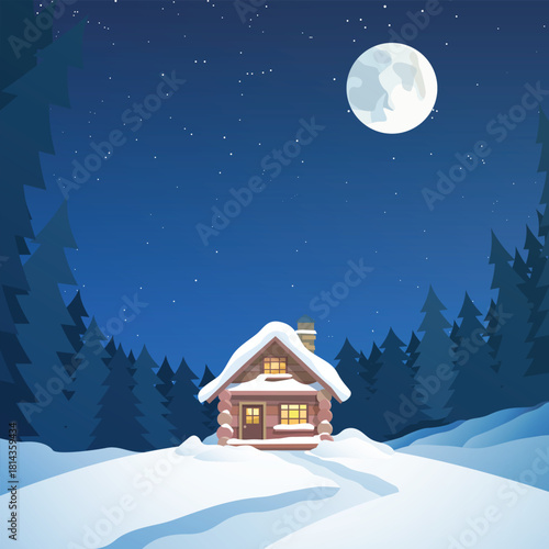 wooden cabin in snow forest at night