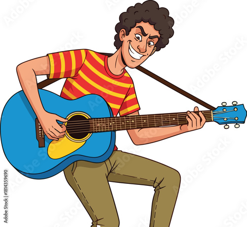 Cartoon man playing acoustic guitar, happy musician character wearing striped shirt, smiling guitarist performing music, vector illustration for entertainment and lifestyle concepts.