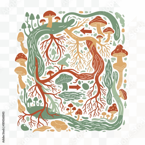 A whimsical illustration featuring a network of mushrooms connected by roots, forming a circular pattern, symbolizing the interconnectedness of nature and fungal growth.