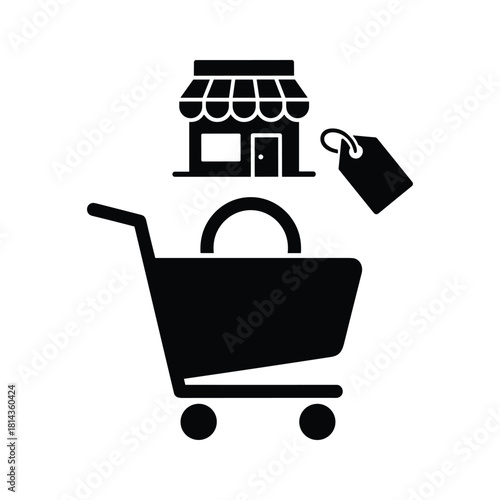 Black silhouette of shopping cart store and price tag on white background retail commerce