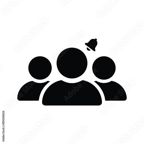 Black silhouette of three people icons with a bell notification symbol group 1