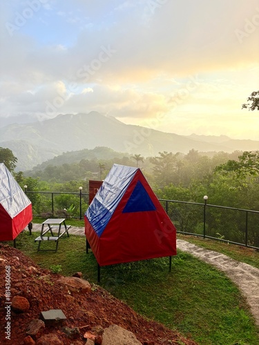 Tents located on a park in the morning with mist