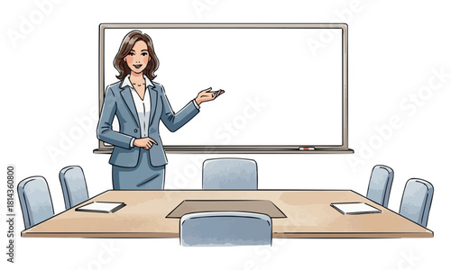 Businesswoman presenting in front of a blank whiteboard in meeting room