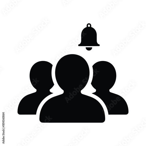 Black silhouette of three people icons with a bell notification symbol group