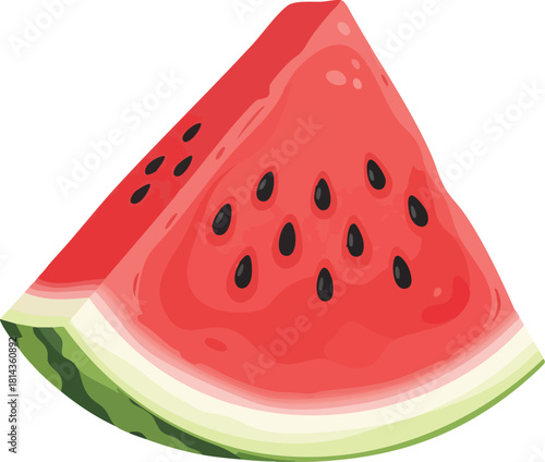 A slice of watermelon with black seeds on a plain white background, showcasing its pink flesh and green rind in a simple graphic illustration.