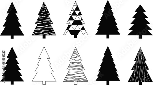 Christmas tree icon bundle with silhouettes, geometric patterns, wavy line designs, outline trees, festive winter holiday decoration set in black and white