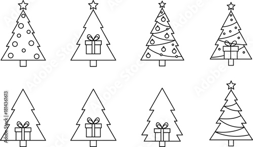 Christmas tree illustration set, festive decorations, black and white, holiday clipart, gift boxes, stars, ornaments, seasonal graphic icons