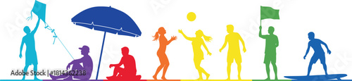 Colorful beach activity silhouettes with kite flying, umbrella lounge, ball play, flag waving and surfing in vibrant rainbow vector design