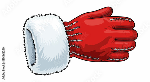 Illustration of a red santa glove with white fur trim and decorative stitching on a white background