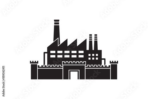 Industrial Factory Fortified By Castle Wall Silhouette Secure Industry And Business Protection Concept