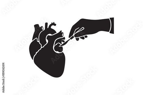 Surgeon Hand Operating On Human Heart Silhouette Black and White Cardiac Surgery Vector Art