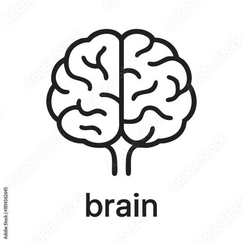 A simple black and white line drawing depicts a human brain with the word brain below it