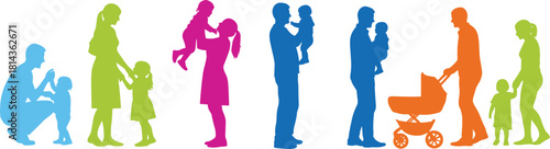 Colorful family silhouette set showing parents with children in caring, walking, hugging and playful moments in modern vibrant vector design