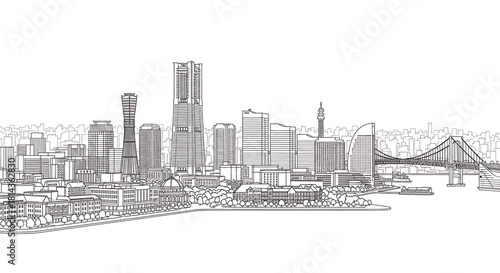 Vector Line Drawing of Yokohama Japan Skyline Showcasing Panoramic Cityscape, Recognizable Buildings, Harbor Views, and Elegant Minimalist Urban Horizon in Clean Line Art Design