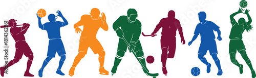 Colorful silhouettes of athletes playing baseball, basketball, football, hockey, soccer, and volleyball, dynamic multi-sport vector illustration for fitness and design