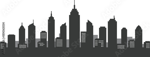 Minimal layered city skyline silhouette, urban skyline vector illustration, modern cityscape with landmark spire, monochrome architectural silhouettes, editable scalable background