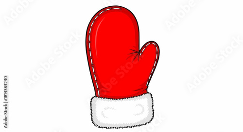 Illustration of a red mitten with white fur trim and stitching on a white background image view