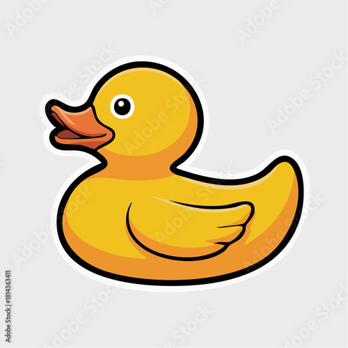 A cartoon illustration of a bright yellow rubber duck with an orange beak and black eyes, outlined in black.
