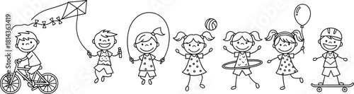 Cute kids outdoor activity doodle illustration showing biking, kite flying, skipping rope, ball play and skateboarding in fun line art style