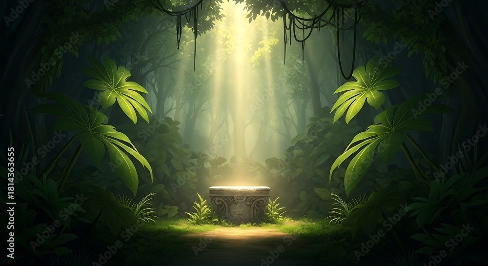 Obraz premium Mystical jungle clearing with glowing pedestal illuminated by divine light rays