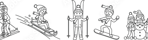Cute kids winter activity line art showing skiing, sledding, snowboarding and snowman fun in playful outlined cartoon illustration style