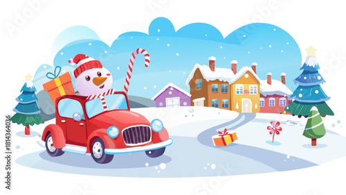 Funny cartoon snowman driving a candy cane car through a snowy village