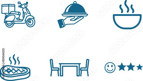 Online Food Delivery and Restaurant Rating Icons in Blue Outline Style Representing Dining Experience and Customer Satisfaction with Service and Delicious Meal