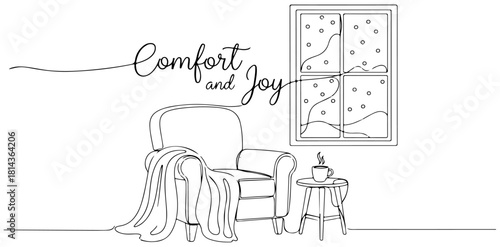 Comfort and Joy text above with line illustration of a cosy indoor scene