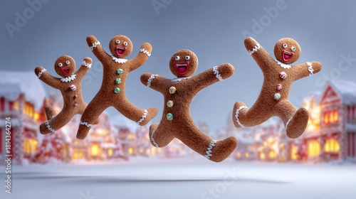 Gingerbread men figures joyfully dancing in a festive winter wonderland, surrounded by snow-covered houses and twinkling lights, capturing the essence of holiday cheer and celebration