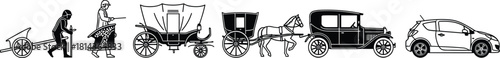Evolution of transportation showing ancient handcart, early wagons, horse-drawn carriage, vintage car and modern automobile in detailed black vector illustration