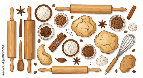 Arrangement of baking ingredients and tools including rolling pins dough and spices on white background