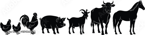 Farm animals silhouette collection featuring chickens, rooster, pig, goat, cow and horse in detailed black vector illustration for agriculture themes