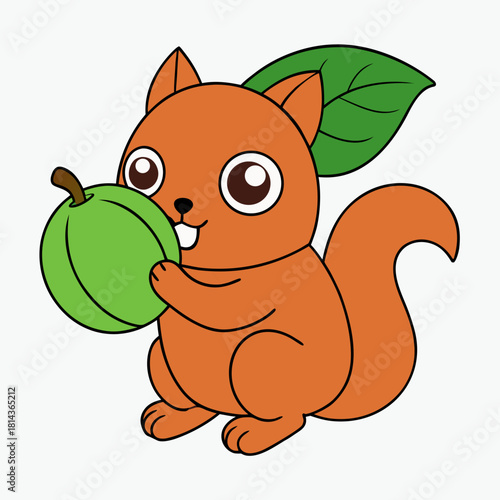 Cute cartoon squirrel holding a green fruit with a big bushy tail isolated on white background isolated on transparent background