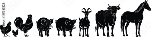 Farm animals silhouette set featuring chickens, rooster, pigs, goat, cow and horse in detailed black vector livestock illustration
