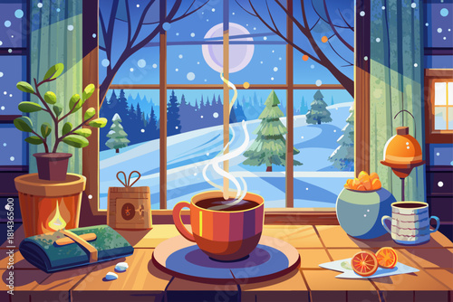 Cozy winter interior by the window with warm steam rising indoors and snow falling outside the window, hot drink on a wooden table near the window.