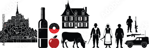 French culture illustration featuring Mont Saint-Michel, wine bottle, farmhouse, cow, donut, apple, traditional people and soldiers in black vector style