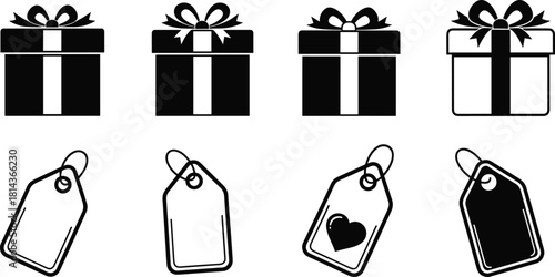 Gift box and tag silhouette bundle, festive presents with bows, blank labels, heart tags, black vector elements for holiday packaging design
