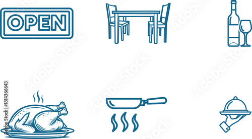 Restaurant service icons collection showcasing open sign table setting wine and food preparations service and fine dining experiences for culinary and hospitality industries