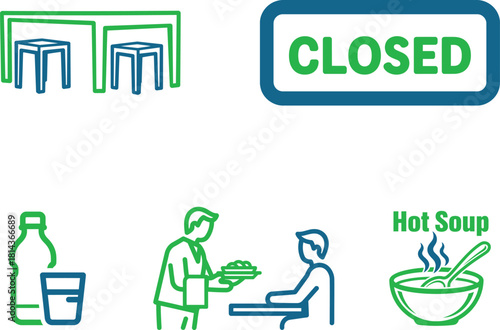 Restaurant Services Icons Representing Closed Status Seating Water Order and Hot Soup Choices for Diners in Need of Refreshment and Meal Options