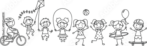 Happy kids playing outdoor with bike, kite, jump rope, ball, balloon, and skateboard, fun childhood line art illustration