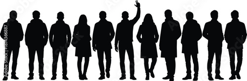 Group of people standing silhouette set featuring casual men and women poses in modern black vector design for crowd concepts