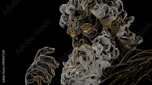 Greek god Zeus with flowing gold and white lines, classical digital line art illustration, against a black background