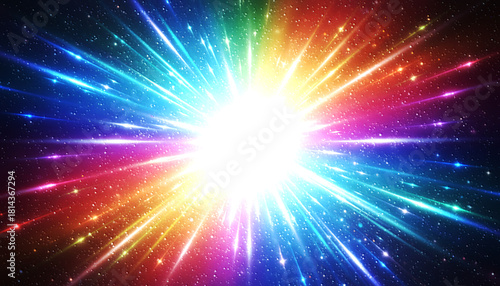 虹色に輝く光の爆発と宇宙空間の背景素材 カラフルなエネルギーバーストと放射状の閃光 多色のスペクトルが広がる幻想的な抽象グラフィック