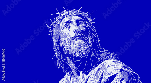Illustration of Jesus Christ, looking upward with crown of thorns on his head, solemn expression on vibrant solid blue background