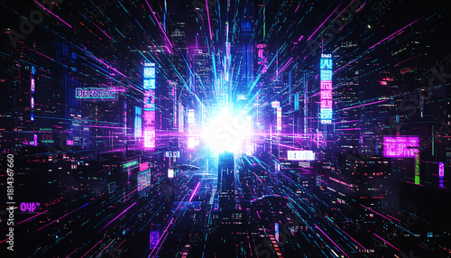 サイバーパンクなネオン輝く未来都市のデジタルハイウェイ 仮想空間を高速移動するワープドライブと光のトンネル ネットワークとテクノロジーを表すフューチャリスティックな背景