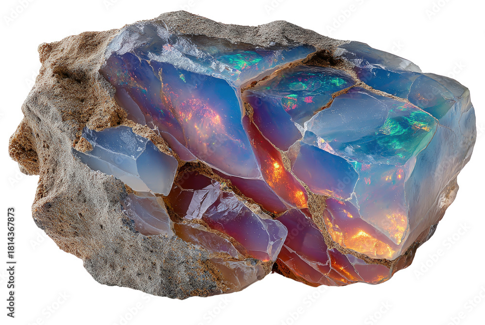 Obraz premium Shimmering Opal Specimen: A radiant opal, a gemstone showcasing a mesmerizing play-of-color, is showcased in its raw, natural form within the surrounding rock, capturing its ethereal beauty.