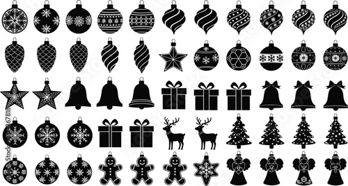Huge Christmas ornament icon bundle with snowflakes, stars, bells, gifts, reindeer, trees, angels, gingerbread figures, festive winter black silhouettes