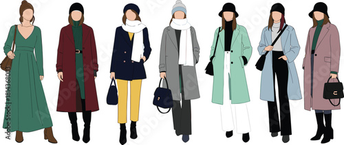 Modern women winter fashion illustration featuring stylish coats, sweaters, scarves, handbags and trendy outfits in clean flat vector design